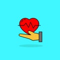 Simple healthcare concept illustration with heart and hand vector isolated on blue background