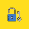 Simple padlock and key vector illustration isolated on yellow background Royalty Free Stock Photo