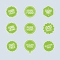 elements from healthy food packaging labels, vegetarian food stamp, and natural pure product information banner. Royalty Free Stock Photo