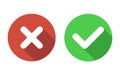 Flat vector icon with shadows. Green check mark and red cross. Right and wrong. Vector yes and no check marks on circles. Royalty Free Stock Photo