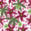 Seamless floral pattern. Passion flowers and magenta flowers on white background.