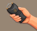 Hand holding taser or stun gun. weapon equipment for self defense concept in cartoon illustration vector Royalty Free Stock Photo