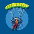 Powered paragliding, man fly in parachute with engine concept in cartoon illustration vector