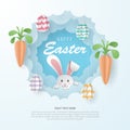 Happy Easter background with eggs, carrot, dan bunny. Paper Art.