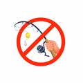 No fishing. hand hold fishing rod, prohibition symbol concept in cartoon illustration vector isolated in white background Royalty Free Stock Photo