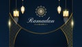 Luxurious Ramadan Kareem Background with Golden Arabic Lanterns and Mandala on Blue and Gold Paper Background Royalty Free Stock Photo