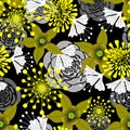 Seamless floral pattern, vector. Hand draw yellow and grey wildflowers, on black background. Royalty Free Stock Photo