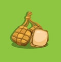 Ketupat is a rice cake packed inside a diamond-shaped container of woven palm leaf pouch in slice symbol cartoon illustration icon