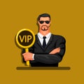 Man in suit holding VIP sign. exclusive member bodyguard avatar mascot concept in cartoon illustration vector Royalty Free Stock Photo