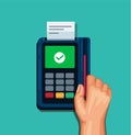 Hand swipe card to payment device in cashier or store, cashless symbol concept in cartoon illustration vector Royalty Free Stock Photo
