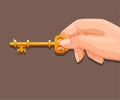 Hand hold golden key symbol for unlock door or chest treasure box concept in cartoon illustration vector