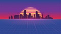 Retro 80s illustration with rising sun and miami skyline