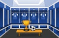 Soccer locker room with thropy and ball. wining sport team club scene concept in cartoon illustration vector