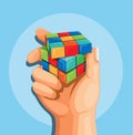 Hand hold Rubik`s cube puzzle concept in cartoon illustration vector