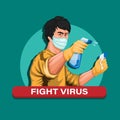 Fight virus symbol with asian man holding disinfectant and thermometer check avatar concept cartoon illustration vector