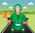 Courier motorbike delivery package to customer online transportation in close up view cartoon illustration vector