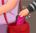 Hand of a Thief Stealing wallet from woman bag scene concept in cartoon illustration vector Royalty Free Stock Photo