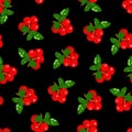 Very berry, cranberry on black background. Seamless pattern, vector.