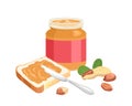 Peanut butter in glass jar, toast bread with spread, knife and nuts