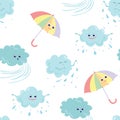 Funny cartoon rainy clouds, wind and umbrellas seamless pattern. Baby background