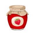 Strawberry jam in glass jar vector flat  illustration. Royalty Free Stock Photo