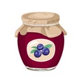 Blueberry jam in glass jar vector cartoon icon.