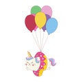 ector illustration of a little cute white cat unicorn or caticorn flying colourful balloons. Royalty Free Stock Photo