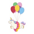 Vector illustration of a little cute white unicorn or caticorn flying colourful balloons.