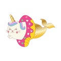 Vector illustration of a little cute white cat unicorn or caticorn mermaid. Royalty Free Stock Photo