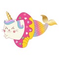 Vector illustration of a little cute white cat unicorn or caticorn mermaid. Royalty Free Stock Photo