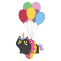 Vector illustration of a little cute black cat unicorn or caticorn flying colourful balloons. Royalty Free Stock Photo