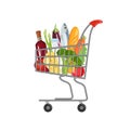 Full shopping trolley cart with fresh food. Vector illustration of grocery products Royalty Free Stock Photo