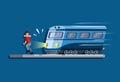 Man running avoiding being hit by a train scene concept in cartoon illustration vector