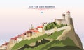 City of San Marino cityscape on sunset sky background vector illustration with country and city name and with flag of San Marino