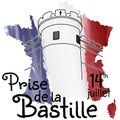Bastille on the map of France in watercolor tricolor background.