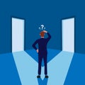 Man standing confused in front of two doors. businessman career decision symbol illustration vector