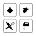 kitchen and cooking supplies vector icons: rolling pin, kitchen glove, blender