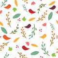 Abstract decorative seamless pattern with colorful brunch, leaves, birds, flowers.