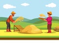 Farmer harvesting rice grain in rice field. agriculture industry traditional job in asia illustration vector