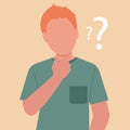 Young man thinking suspiciously. Confused boy with question marks. Problem solving, discussion and information. Royalty Free Stock Photo