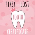 First lost tooth pink vector illustration for kids party. Girl first lost tooth concept for children.