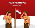Hari pramuka is indonesian scouting day 14th august with students saluting indonesian flag illustration vector