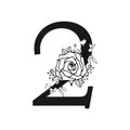 Hand drawn floral number two monogram and logo design in doodle style with rose Royalty Free Stock Photo