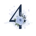 Number four decorated royal blue rose with leaves and watercolor splash on transparent background.