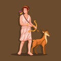 The Greek Goddess Artemis holding bow with deer figure. Greek Mythology character concept illustration vector