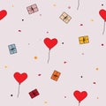 Draw seamless pattern with cute heart baloons, stars, confetti and gift hanging up in the air.