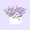 Vintage open envelope with hand drawn lavender flowers and ladybug with quote thank you.