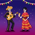 Festival of death with couple playing music instrument guitar and maracas. mexico traditional festival illustration vector