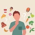 Food choice concept. Man with question marks. Boy thinking about healthy and fresh vegetables and junk unhealthy fast food. Royalty Free Stock Photo