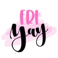 Friyay friday text label with pink badge head - Motivational quotes. Hand painted brush lettering with flamingo. Good for t